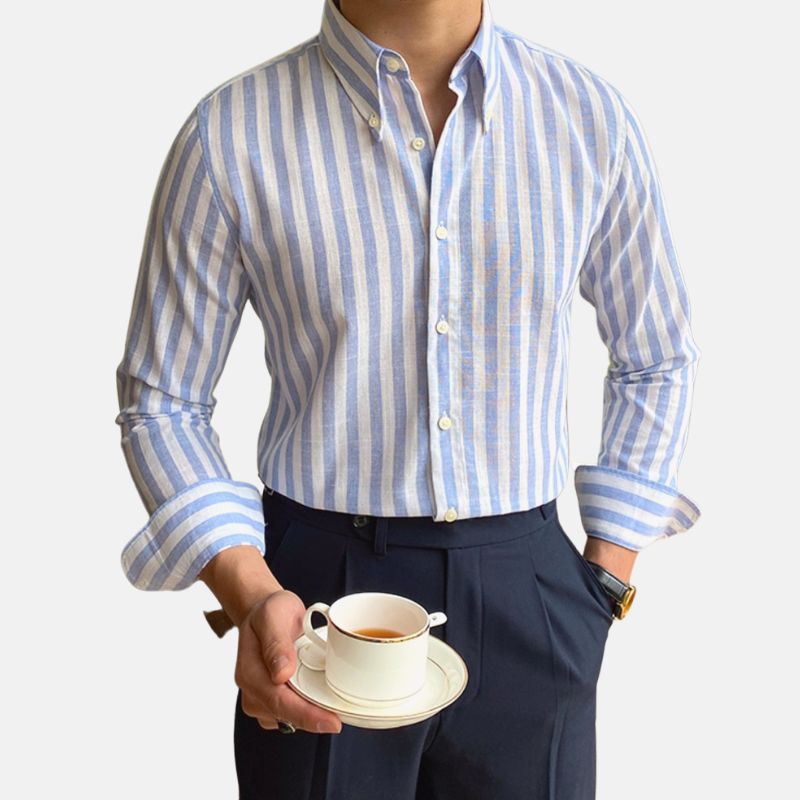 Men's Summer Formal Striped Shirt in blue and white, with point collar and button cuffs, perfect for business settings.