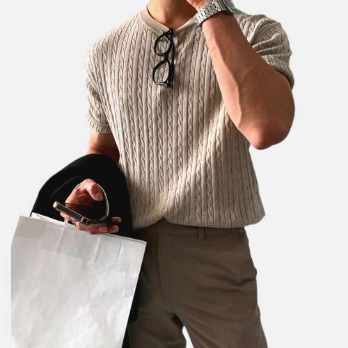 Korean Old Money T-Shirt with classic striped pattern and formal design for men.