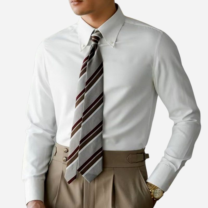 White tuxedo shirt with a classic solid pattern, featuring a comfortable cotton-linen blend for men.