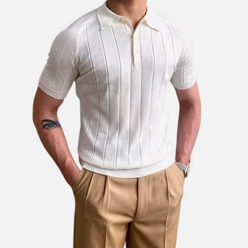 Men's LUX Elastic T-Shirt in white with a striped pattern, featuring a formal point collar and short sleeves, perfect for business or casual wear.