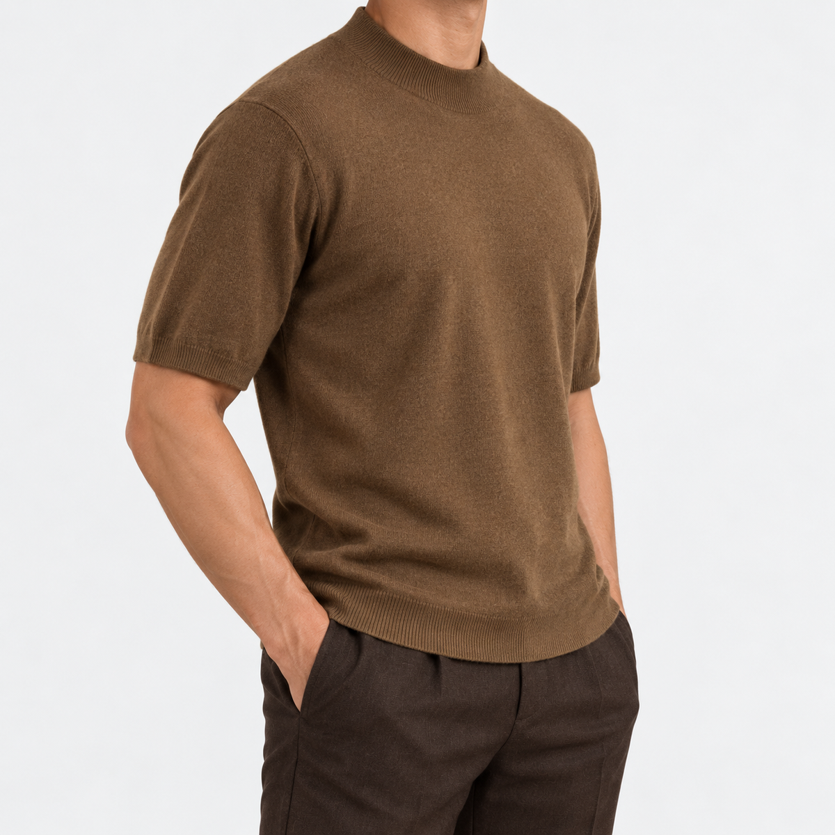 Short sleeve wool mock neck top in coffee, side view on a model
