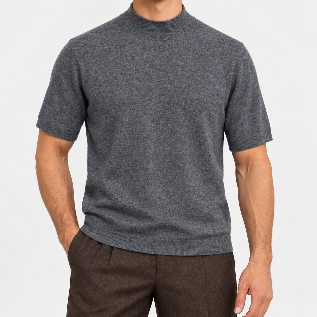Short sleeve wool mock neck top in gray, front view on a model