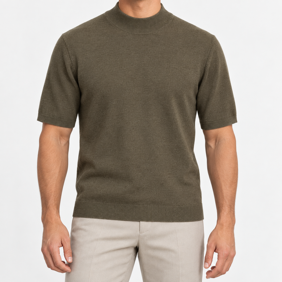 Short sleeve wool mock neck top in olive, front view on a model