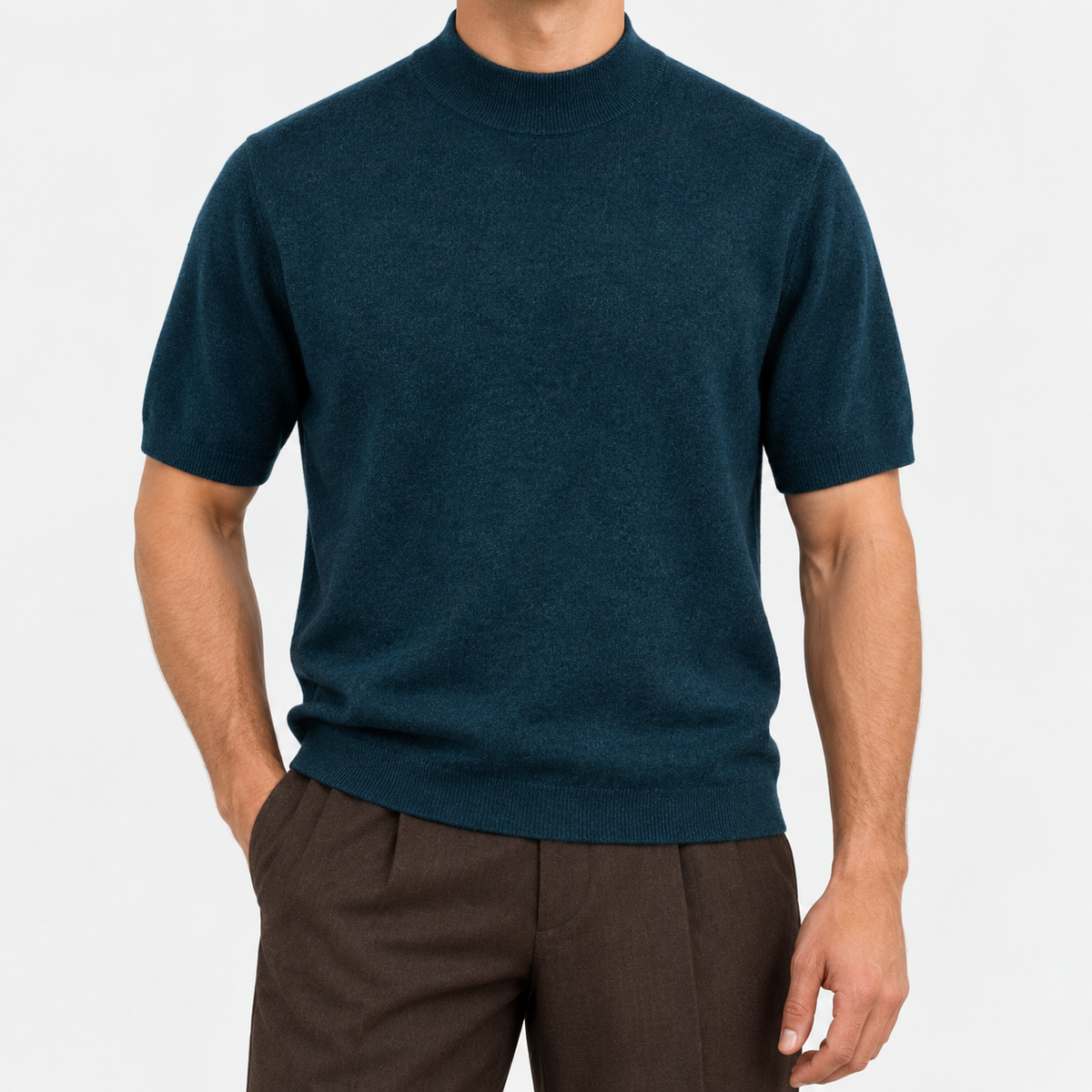 Short sleeve wool mock neck top in petrol blue, front view on a model