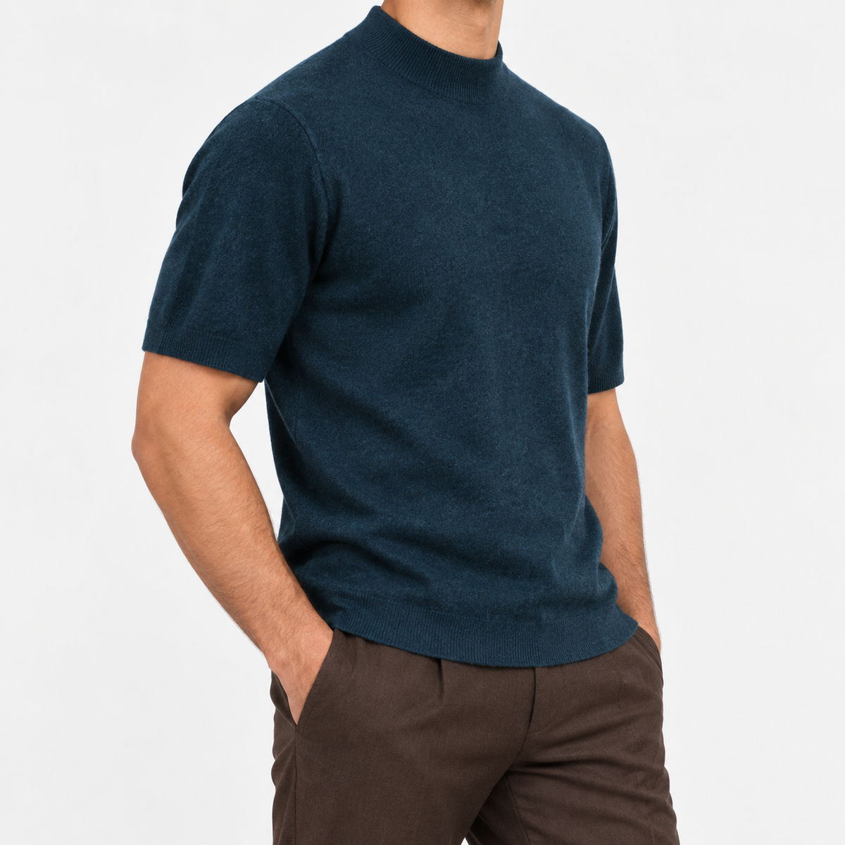 Short sleeve wool mock neck top in petrol blue, side view on a model