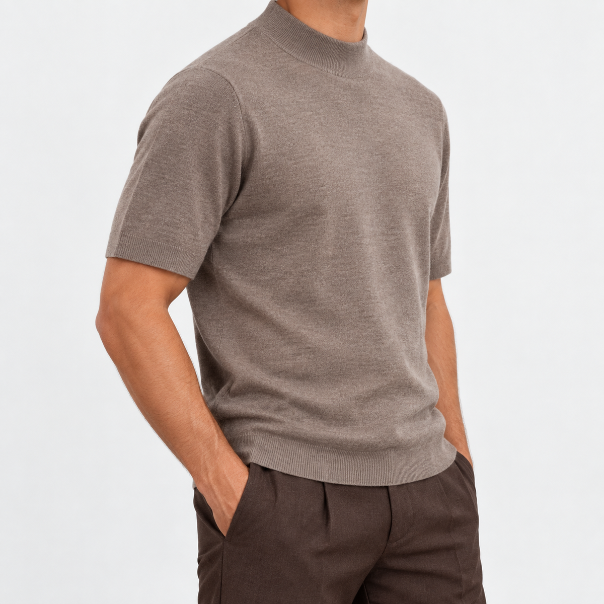 Short sleeve wool mock neck top in taupe, side view on a model