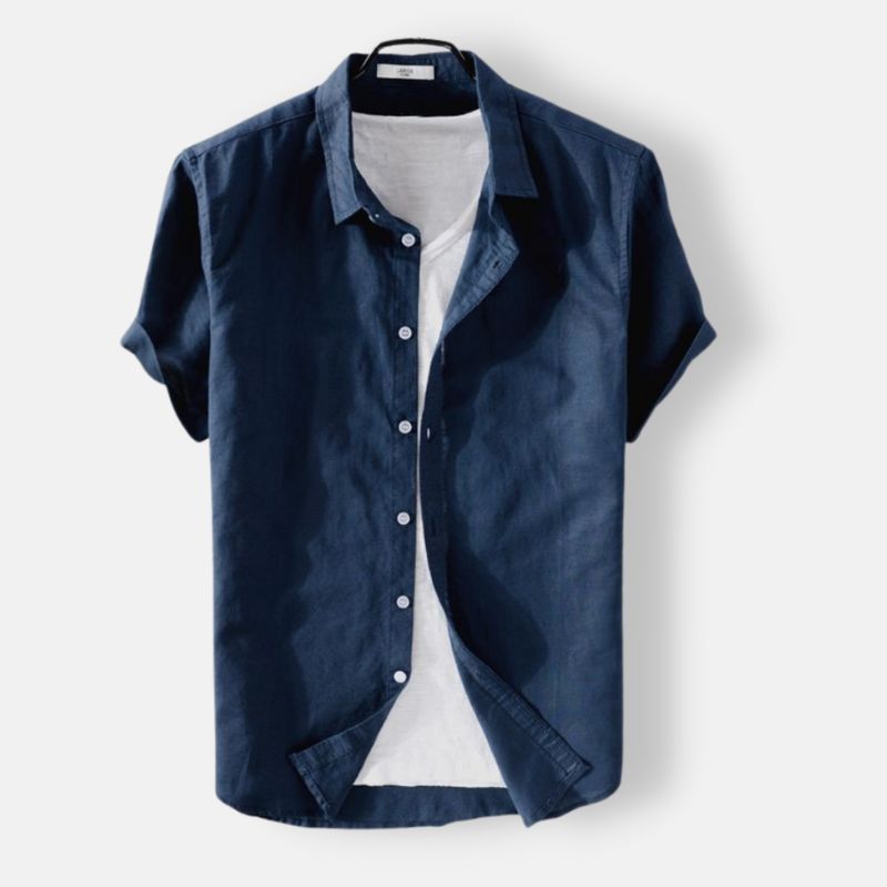 Blue Antonios short-sleeve linen shirt for men, smart casual style.