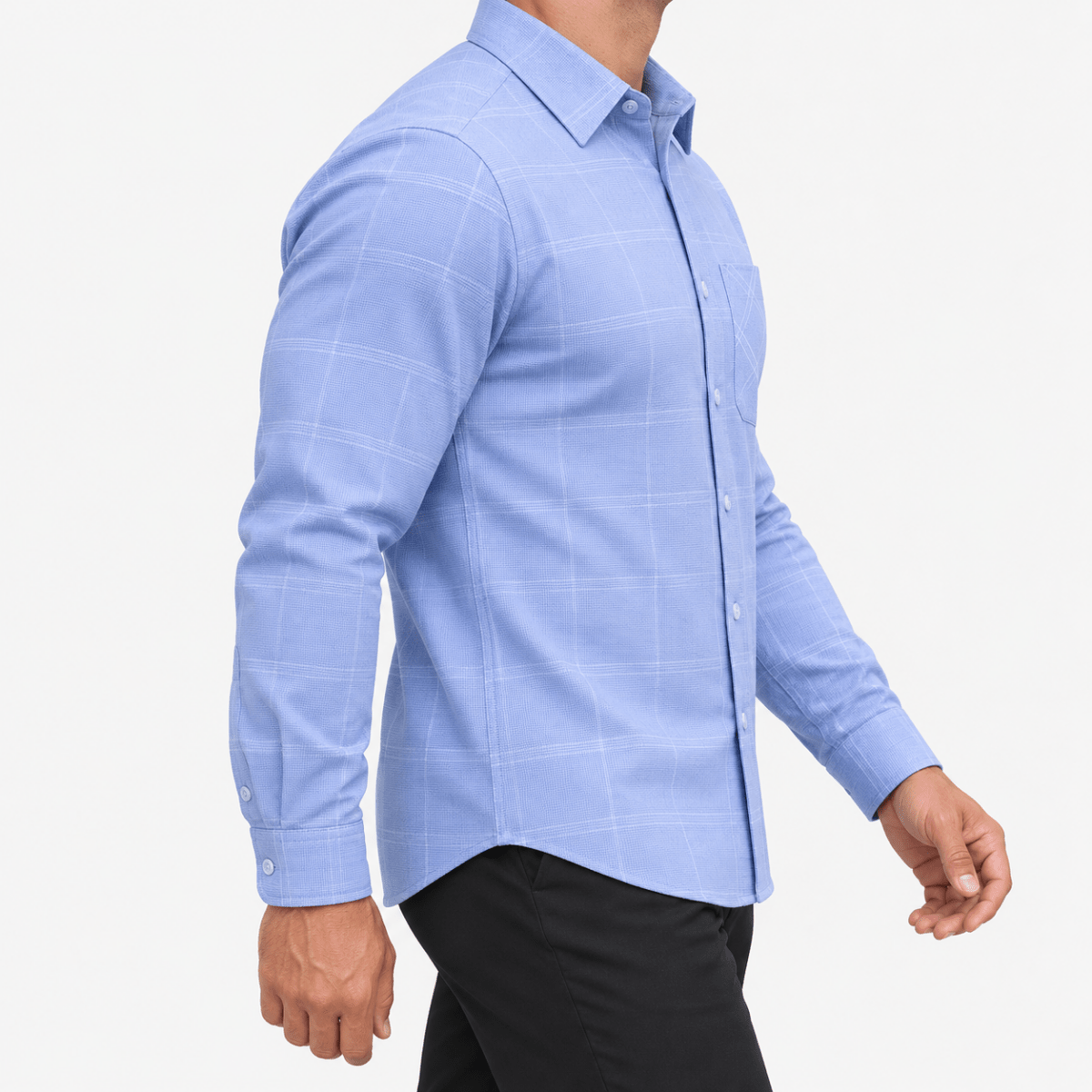 Slim cotton blend shirt with a chest pocket - AntoniosClothing - Blue windowpane