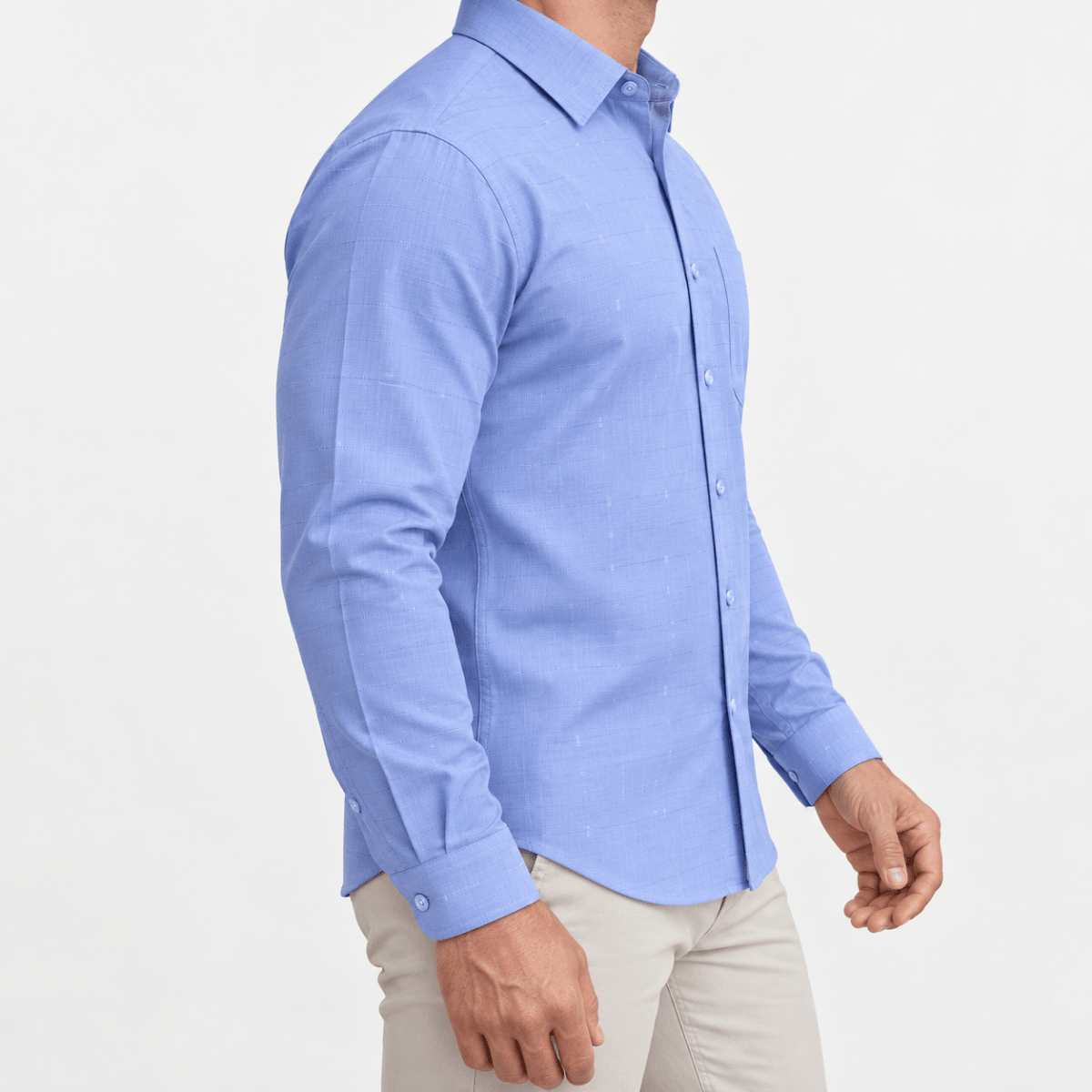 Slim cotton blend shirt with a chest pocket - AntoniosClothing - Cornflower blue textured check