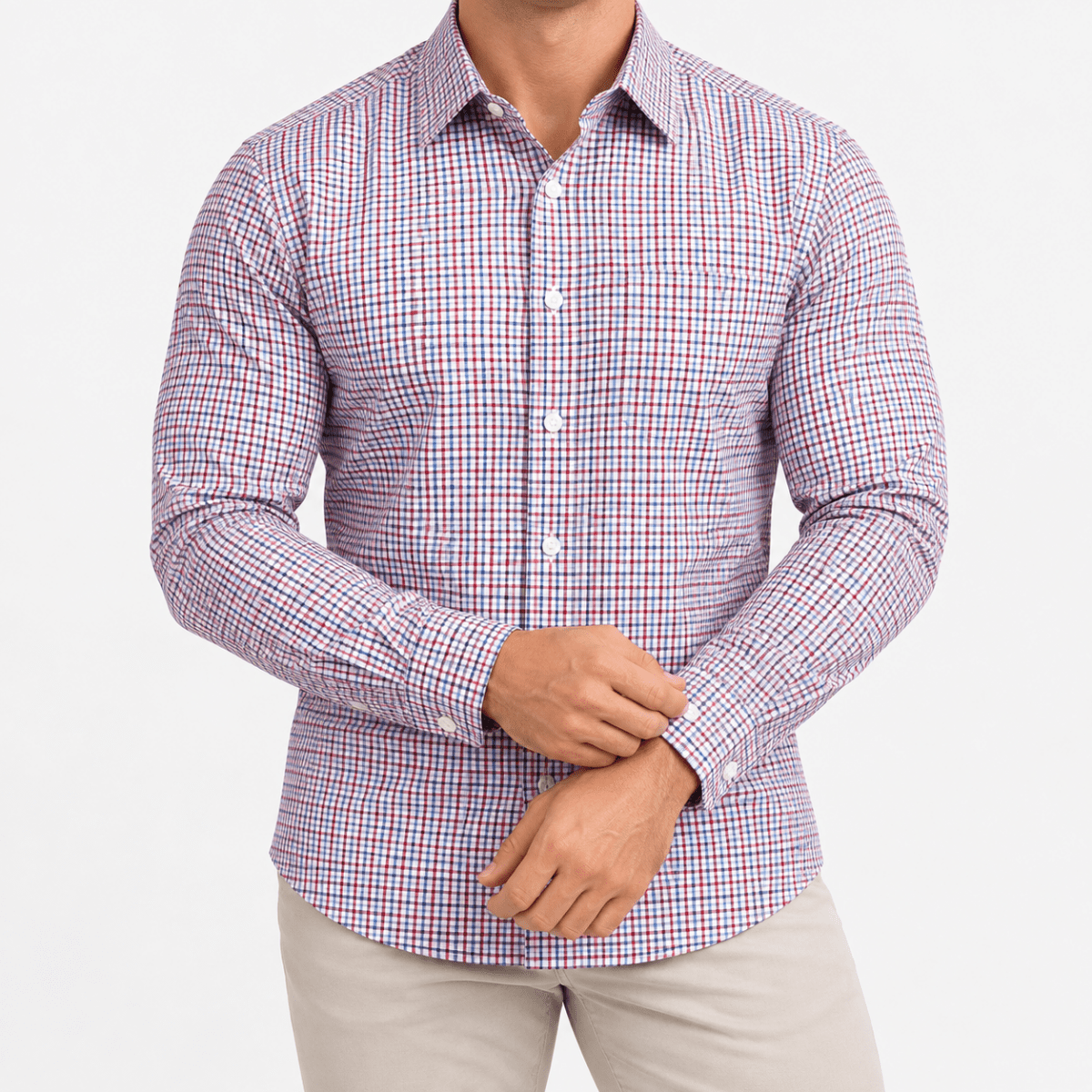 Slim cotton blend shirt with a chest pocket - AntoniosClothing - Red and navy check