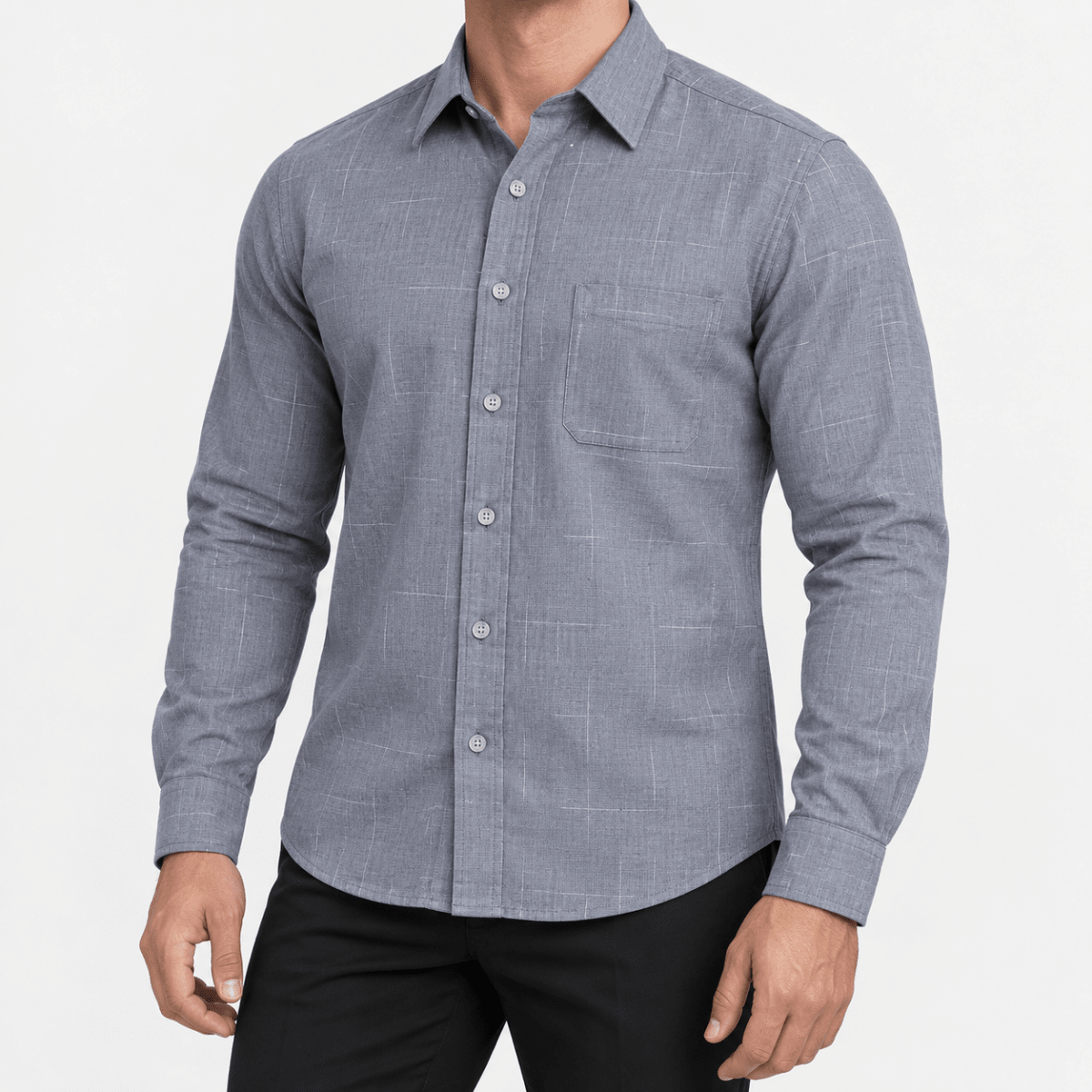 Slim cotton blend shirt with a chest pocket - AntoniosClothing - Gray windowpane