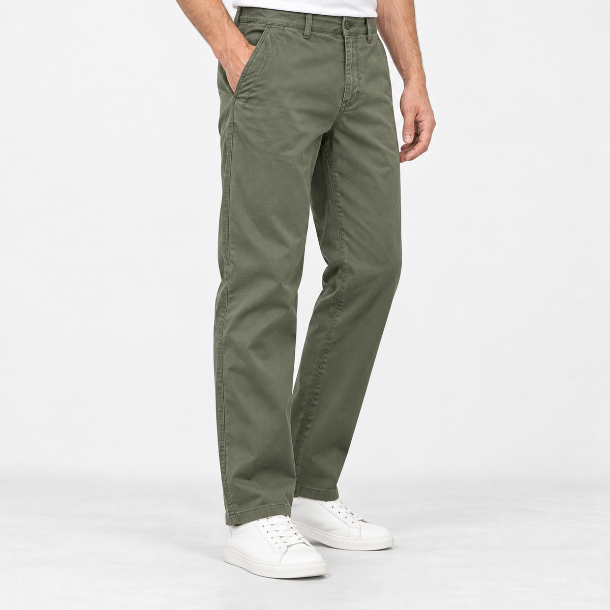 Straight leg cotton utility trousers in army green, side view on a model
