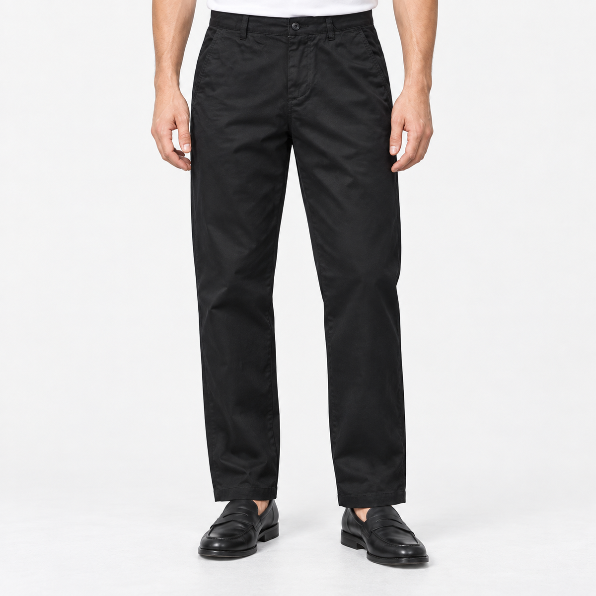 Straight leg cotton utility trousers in black, front view on a model