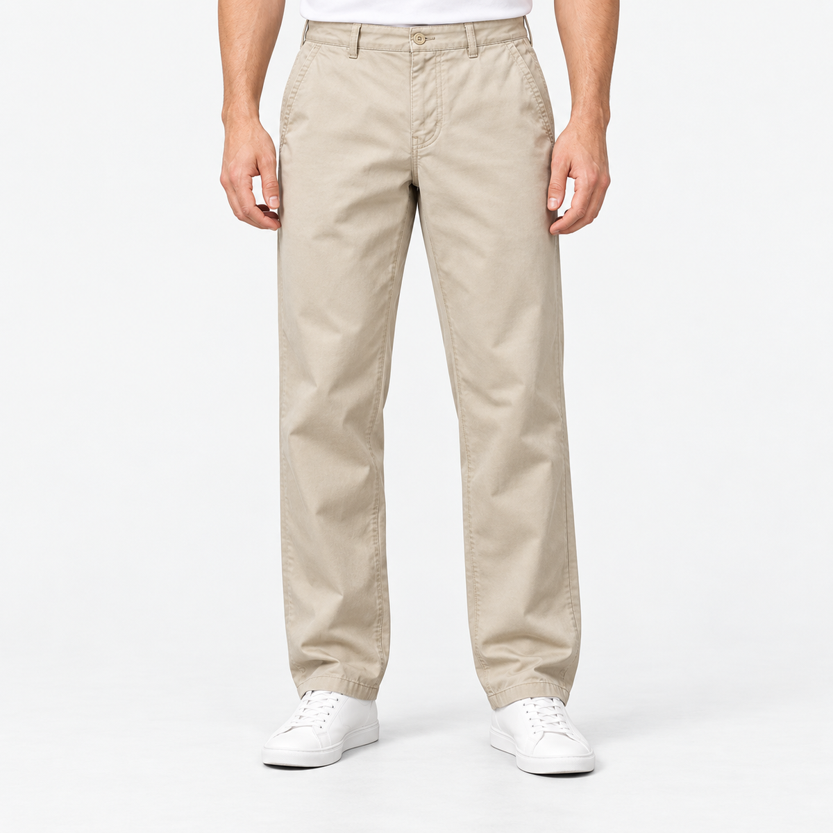 Straight leg cotton utility trousers in light khaki, front view on a model