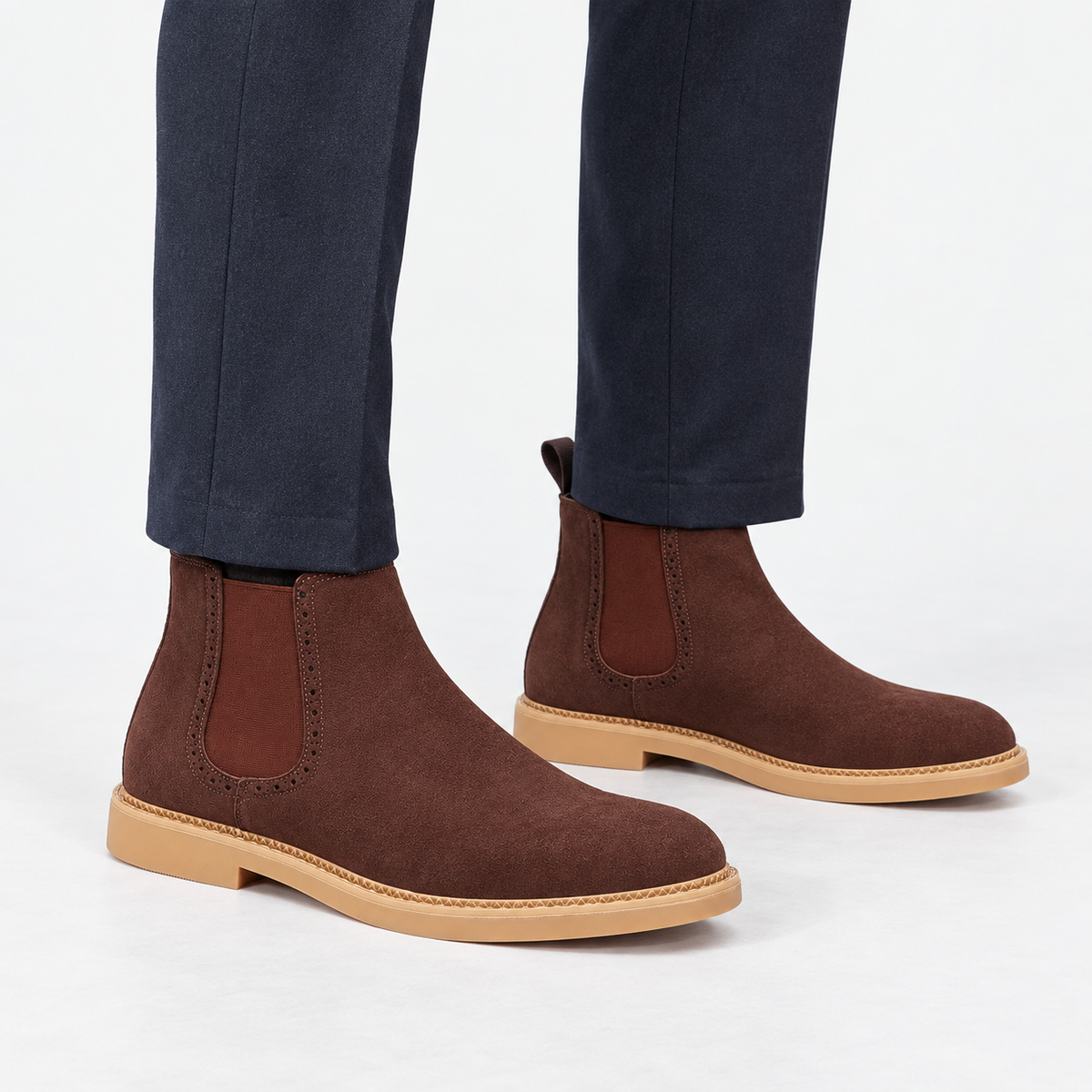 Suede finish leather chelsea boots in brown, side view on a model