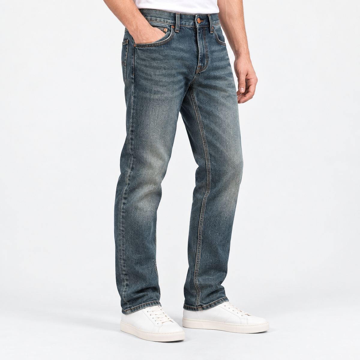 Vintage wash slim straight jeans in blue full length, side view on a model