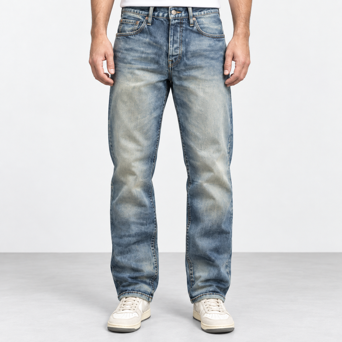 Vintage wash straight leg cotton jeans in vintage blue, front view on a model
