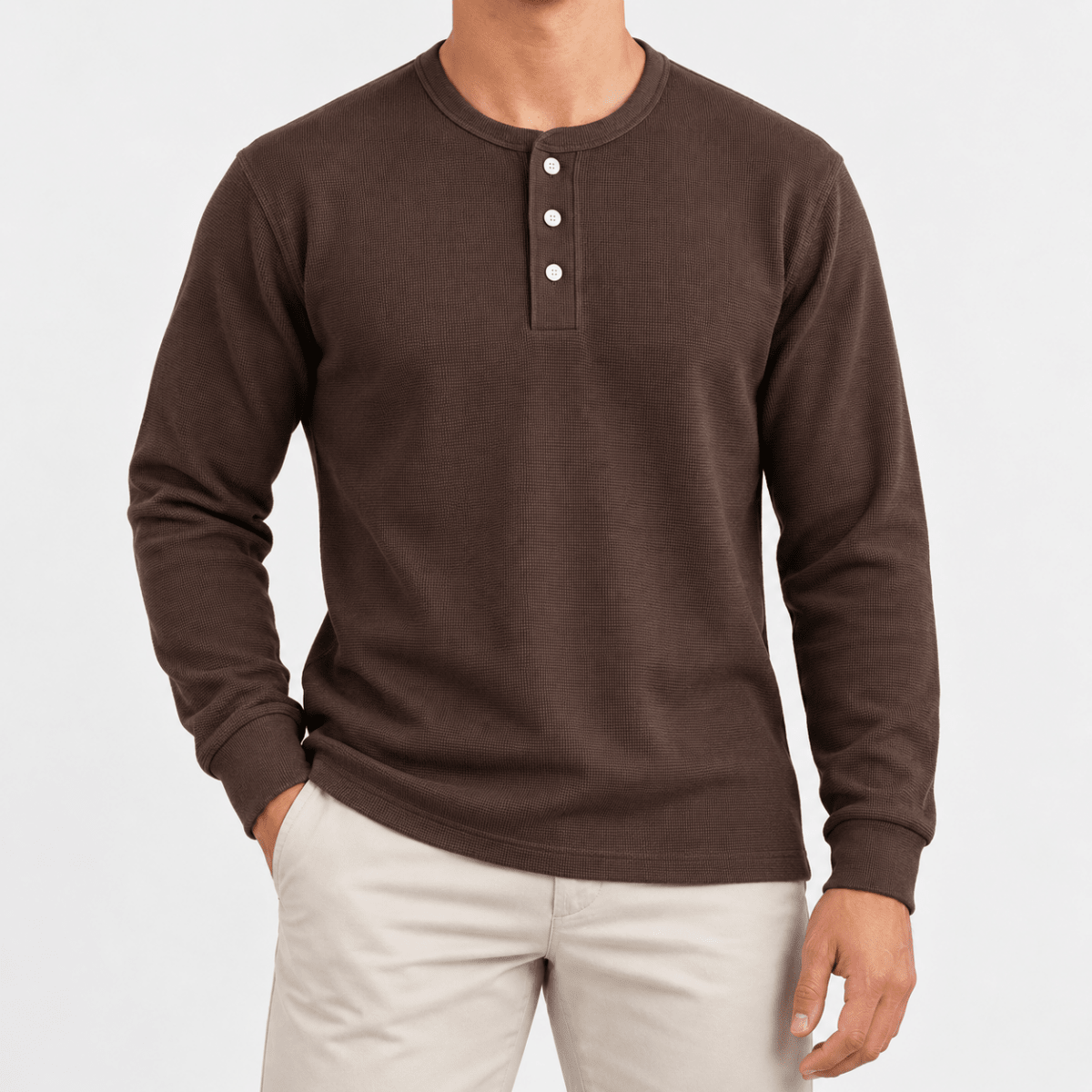 Waffle knit long sleeve henley - AntoniosClothing - Coffee