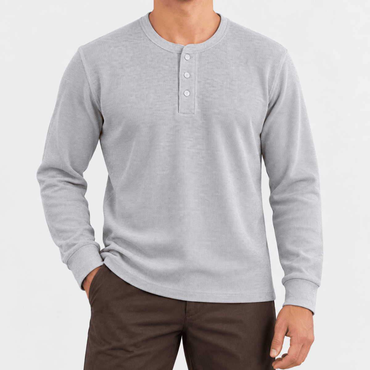 Waffle knit long sleeve henley - AntoniosClothing - Light gray