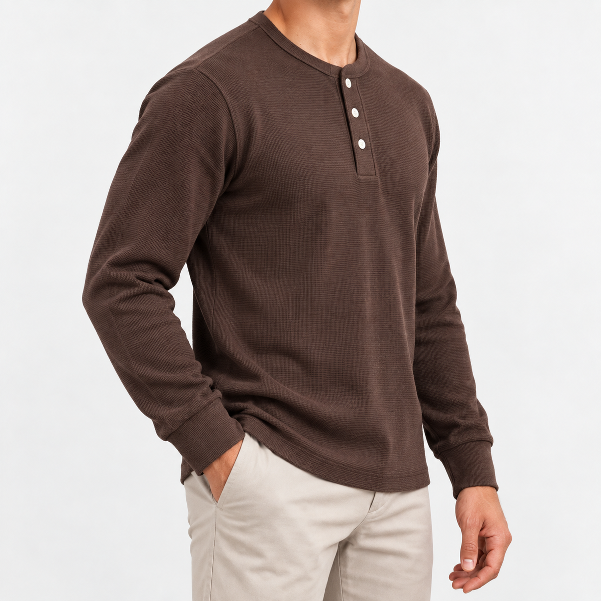 Waffle knit long sleeve henley in coffee, side view on a model