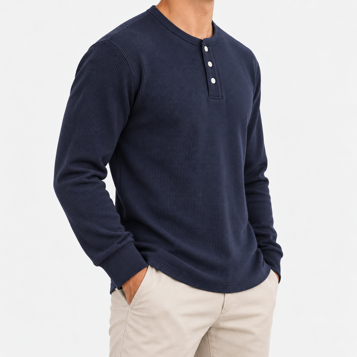 Waffle knit long sleeve henley in navy, side view on a model