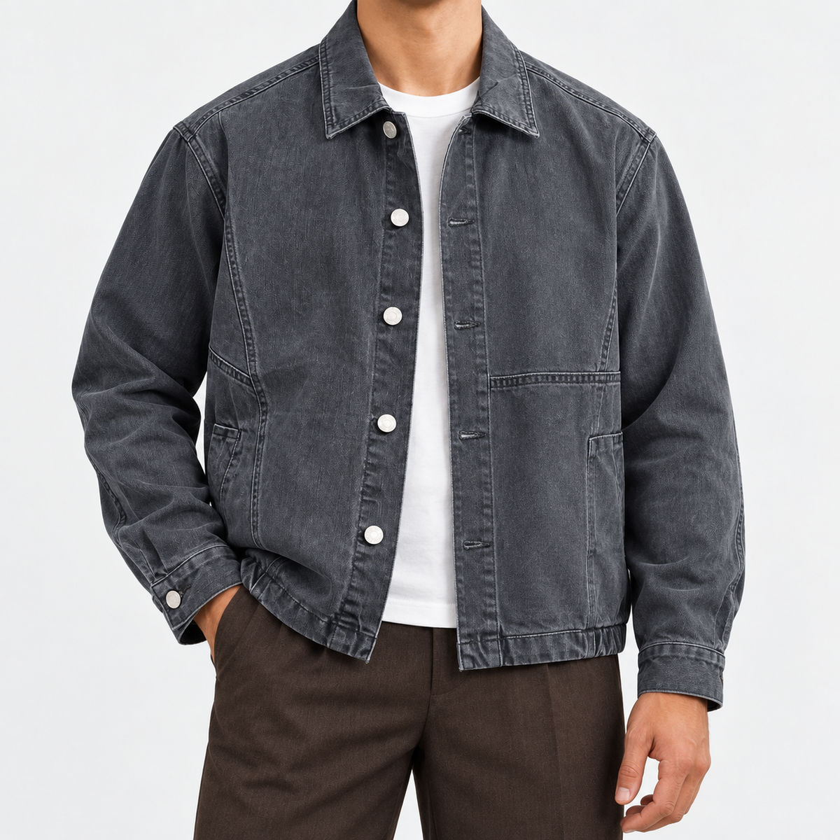 Washed cotton chore jacket in gray, front view on a model