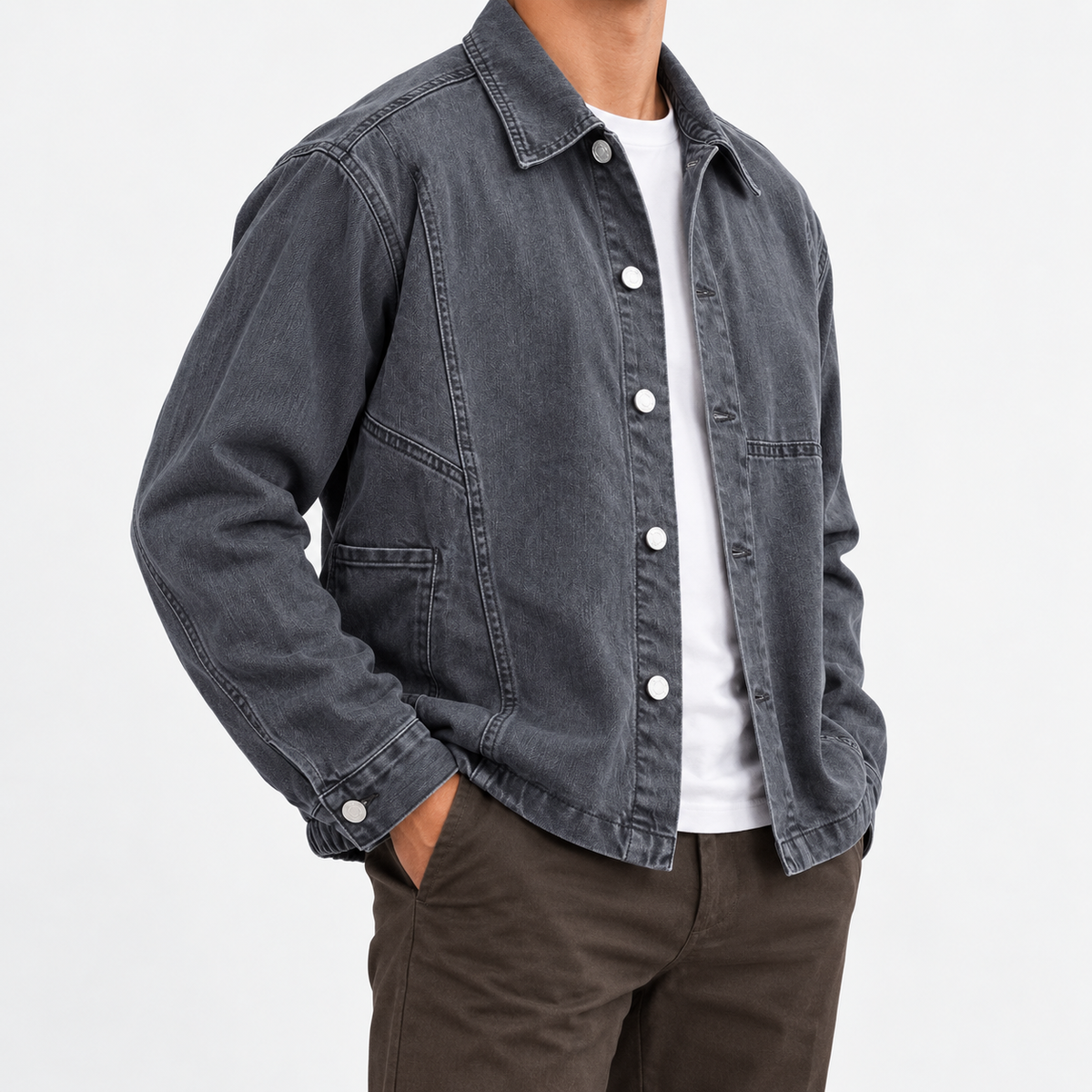Washed cotton chore jacket in gray, side view on a model