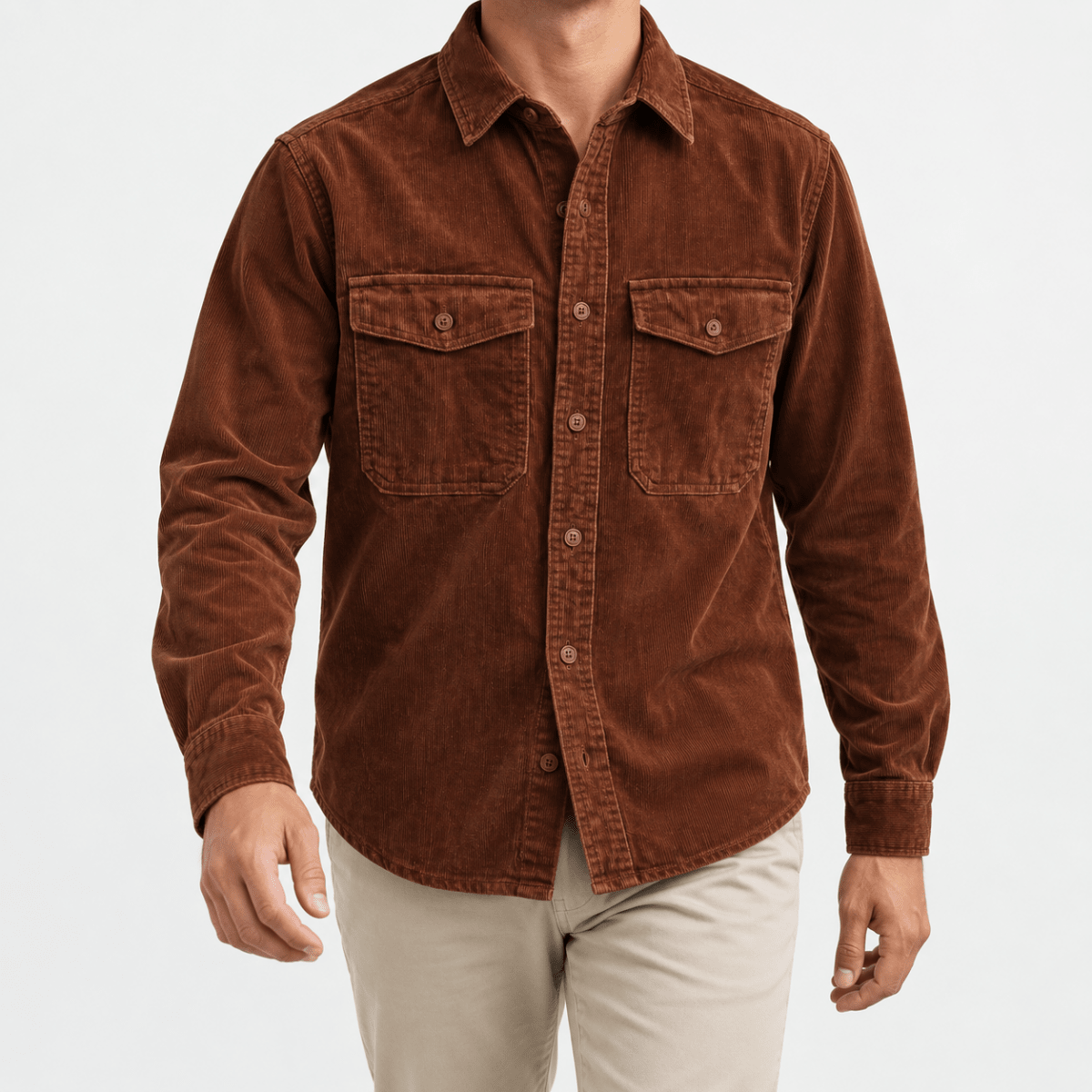 Washed cotton corduroy double pocket shirt - AntoniosClothing - Rust brown