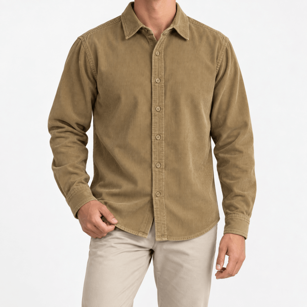 Washed cotton corduroy shirt with a clean front - AntoniosClothing - Khaki