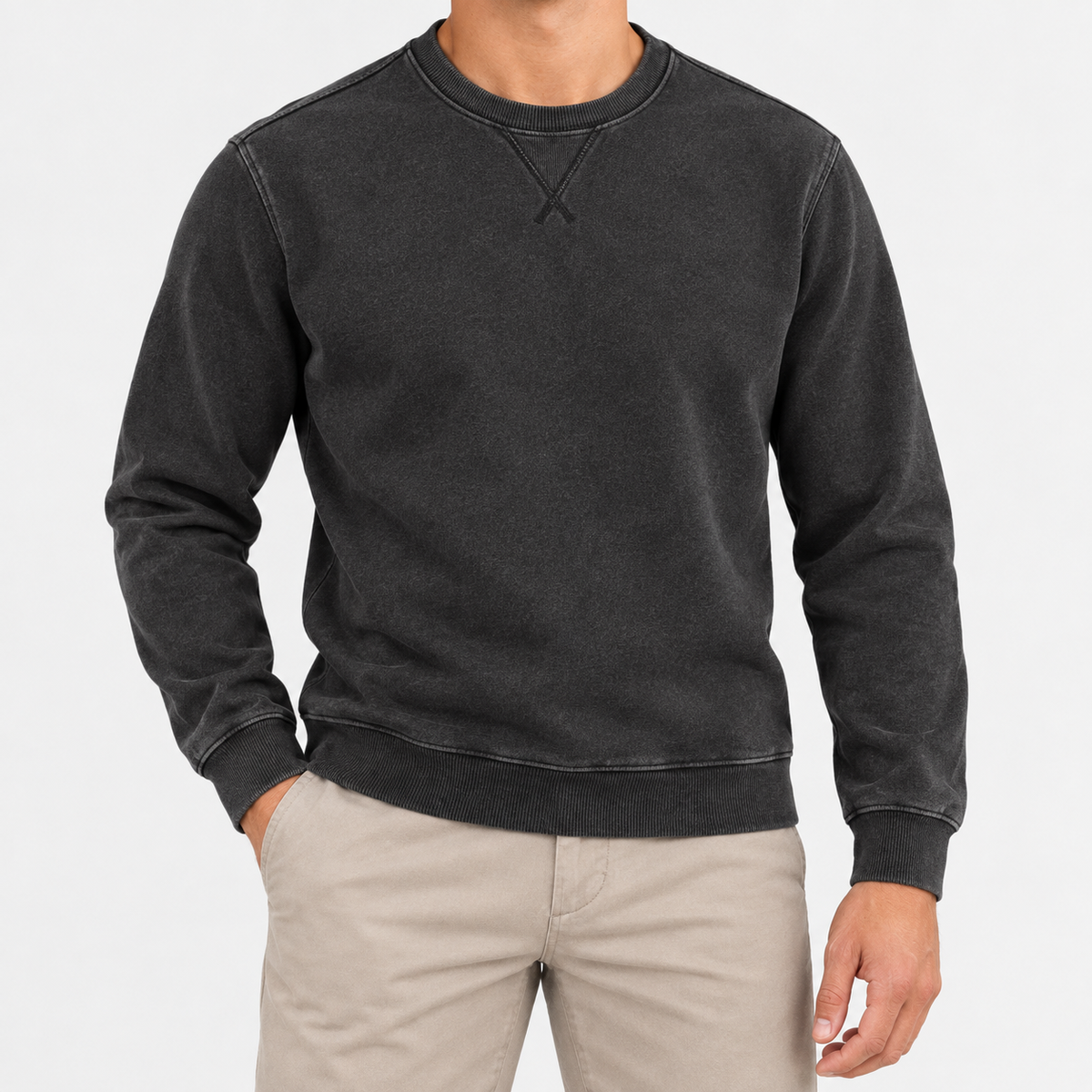 Washed cotton crew neck sweatshirt in washed black, front view on a model