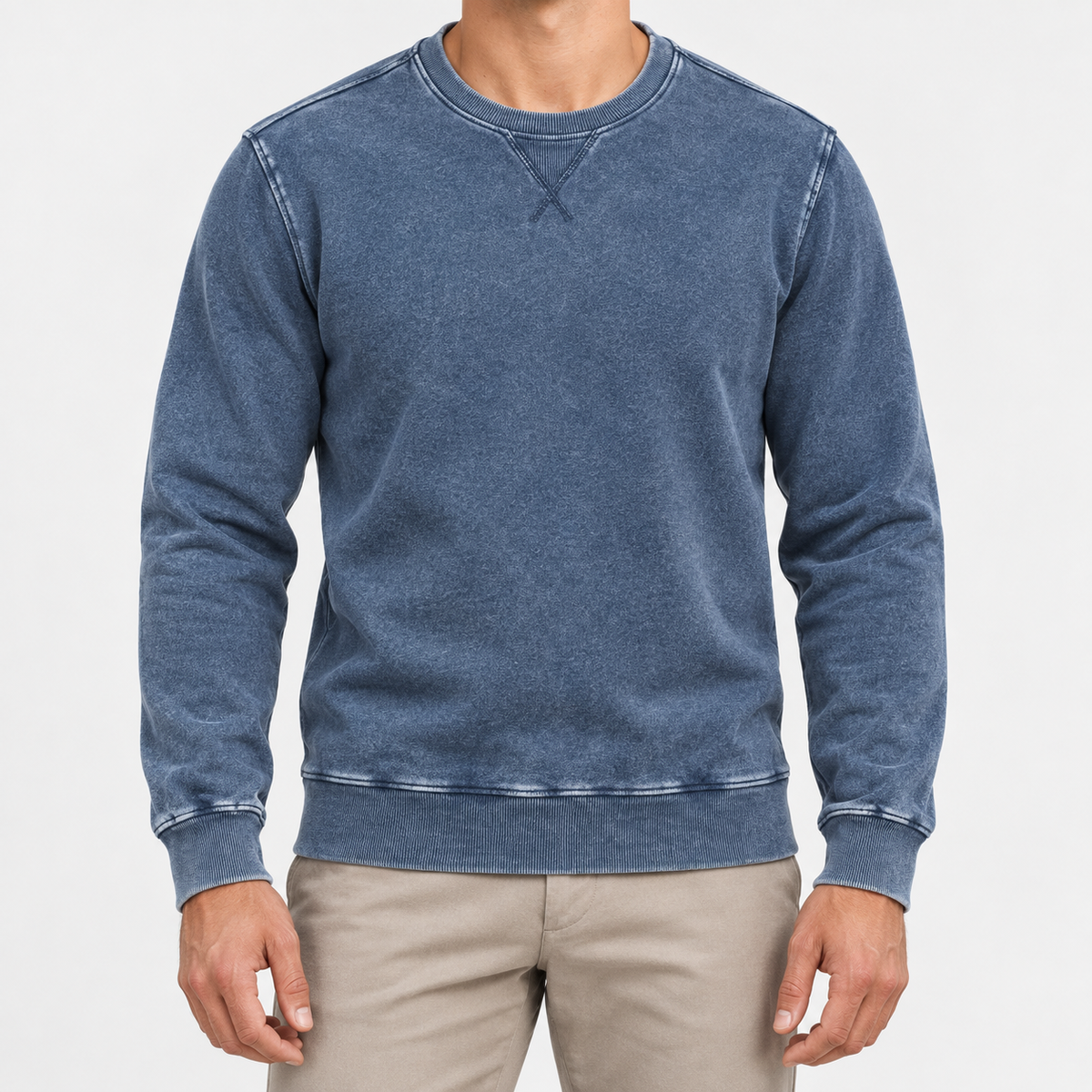 Washed cotton crew neck sweatshirt in washed blue, front view on a model