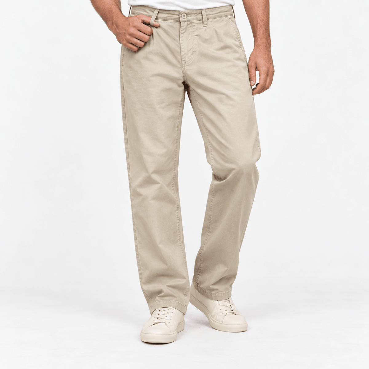 Washed cotton straight trousers with welt pockets - AntoniosClothing - Light khaki