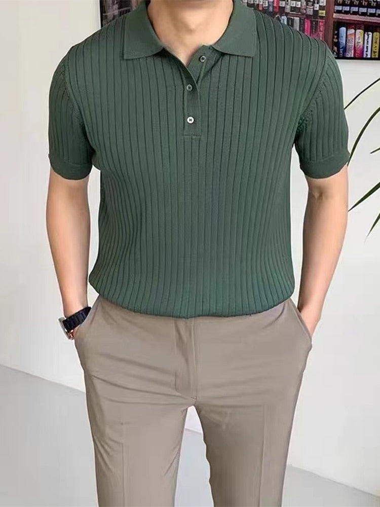 AntoniosClothing Elastic Casual Polo T-Shirt in green with striped pattern, perfect for smart casual wear.