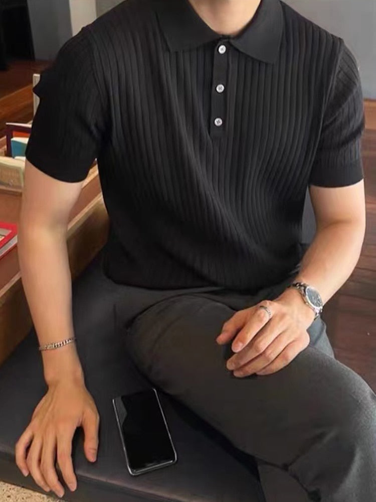 AntoniosClothing Elastic Casual Polo T-Shirt in black with a modern stripe pattern, short sleeves, and button-up collar.