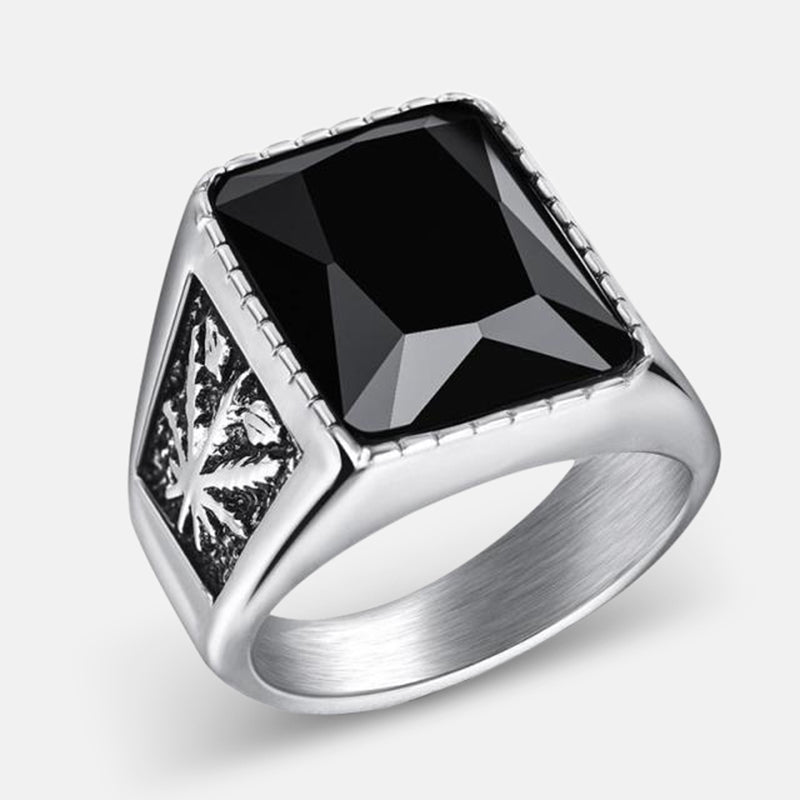 Antonios Rubin Stainless Steel Ring with black gemstone and intricate side detail.