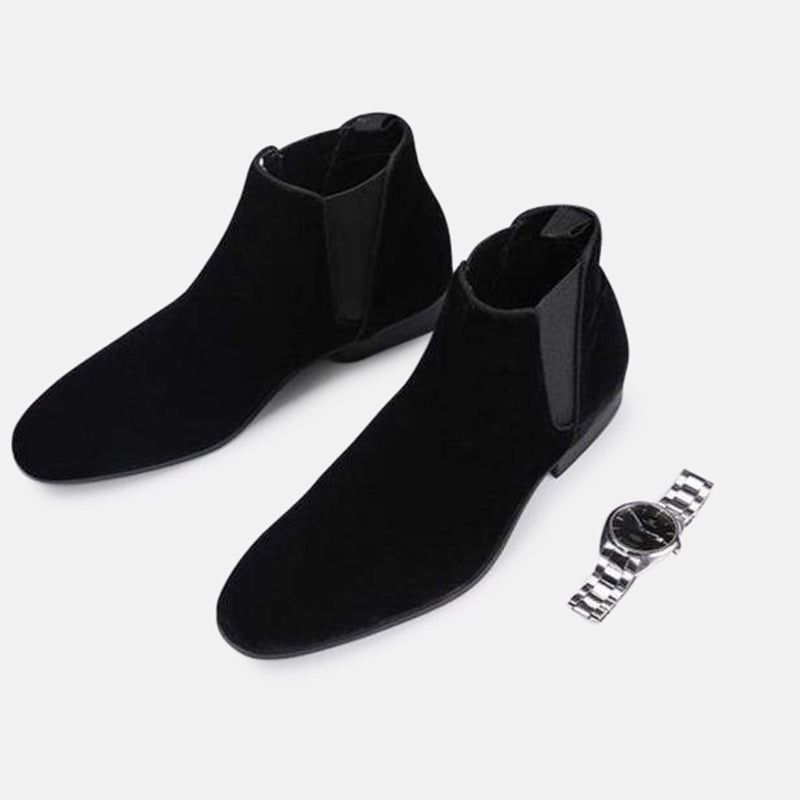 Antonios Chelsea Elegant Boots Men in black suede, classic minimalist design.