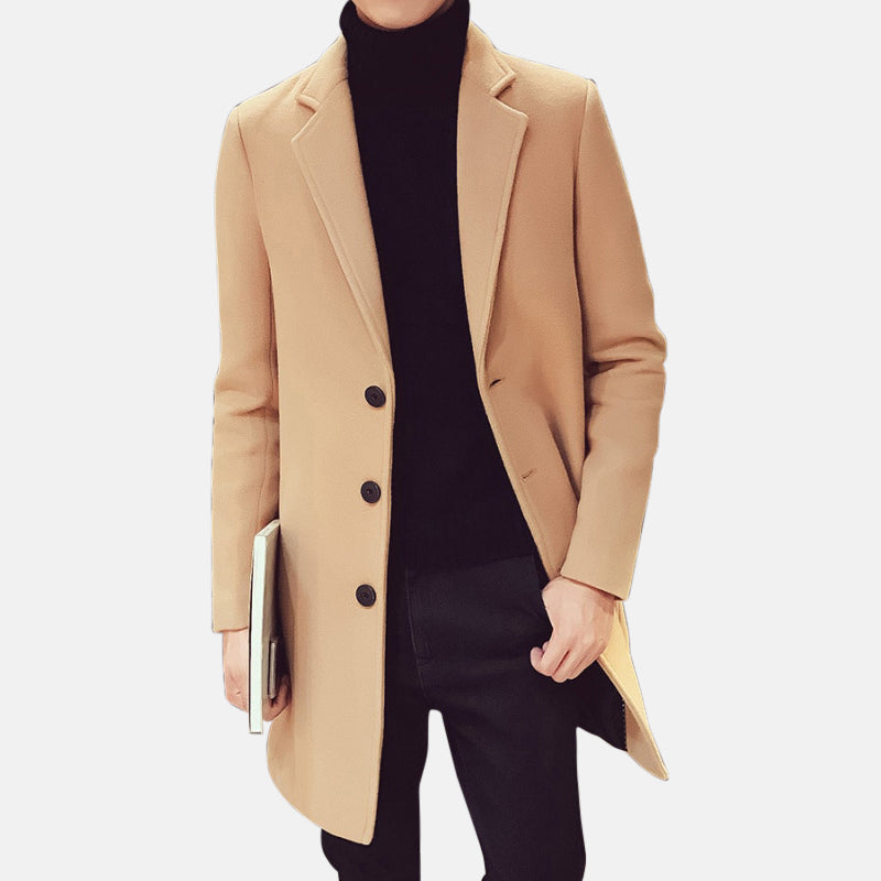 Antonios Long Coat - Men's stylish 3 button winter coat in beige, casual and elegant.