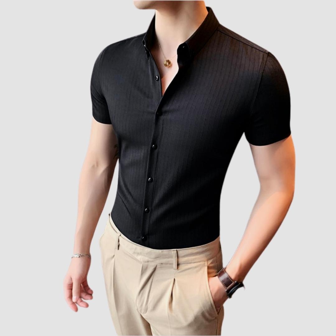 Homme short sleeve shirt in black, elegant and casual, suited for formal and casual styles.