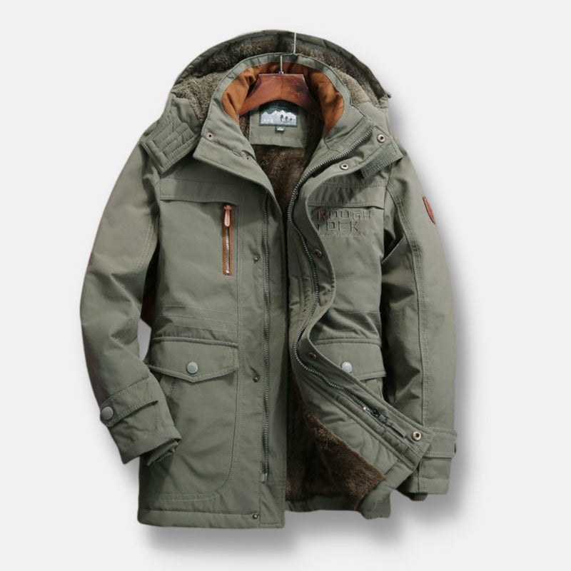 Antonios WindBreaker hooded jacket in green, men's slim-fit with luxurious shine, showcasing front pockets and button cuffs.