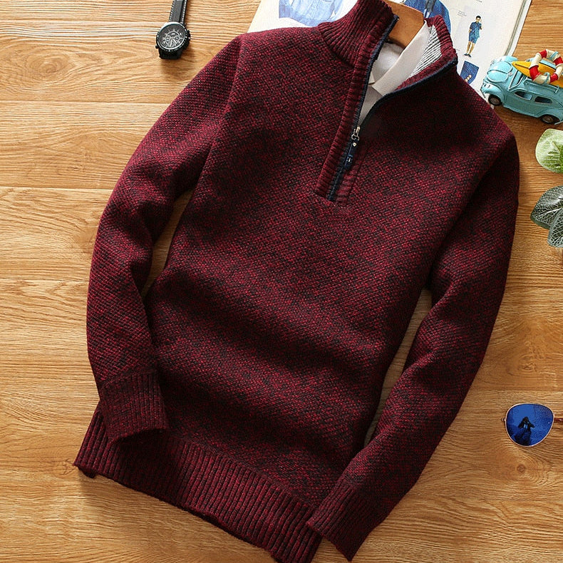 Antonios Half-Zipper Sweater in deep red with a solid pattern, featuring a stylish half-zip design for men.