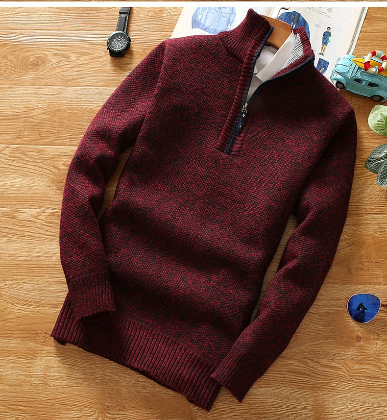 Antonios Half-Zipper Sweater in deep red with a solid pattern, featuring a stylish half-zip design for men.