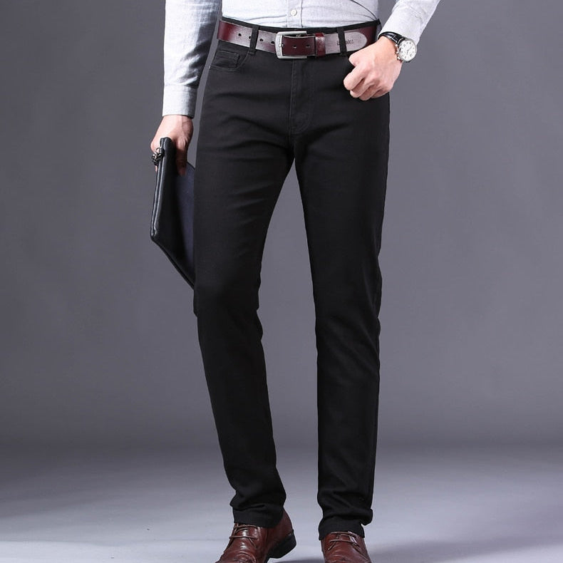 Antonios Business Casual Black Jeans for men, relaxed fit, elastic cotton denim, smart casual style.