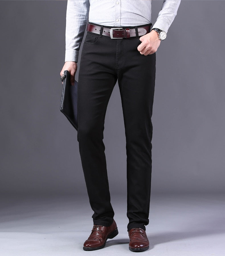 Antonios Business Casual Black Jeans for men, relaxed fit, elastic cotton denim, smart casual style.