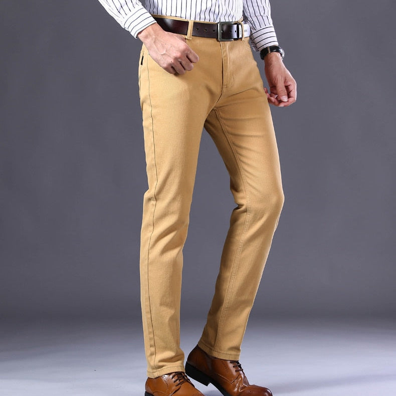 Antonios Business Casual Beige Jeans, relaxed fit elastic cotton denim for comfort and flexibility, men's smart casual wear.