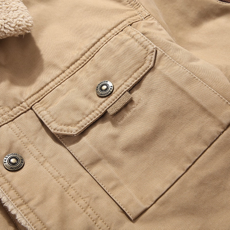 Close-up of khaki Antonios Cotton Fleece Winter Jacket, showcasing premium fleece and cotton fabric.