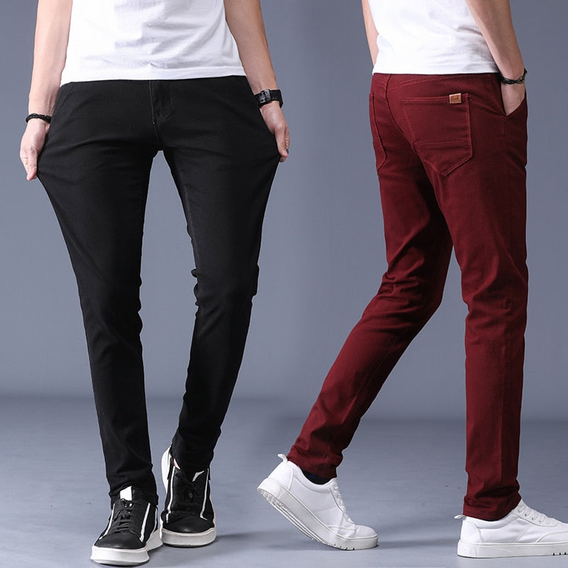Men's slim fit cotton stretch trousers in black and burgundy, showcasing modern vintage style by Antonios.