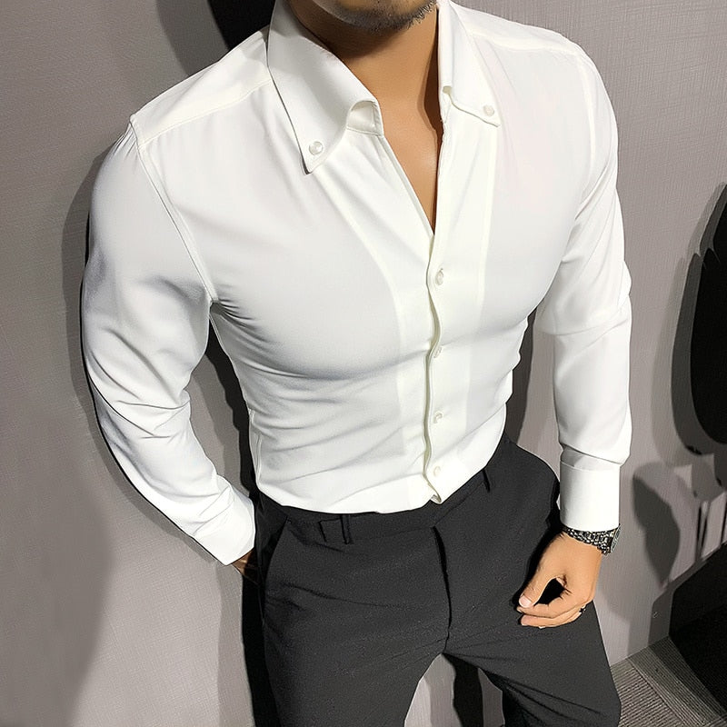 Men's solid white long-sleeve shirt by AntoniosClothing, smart casual style, made of cotton and nylon.