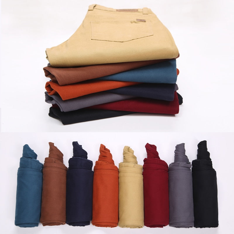 Men's slim fit cotton stretch trousers in various colors.