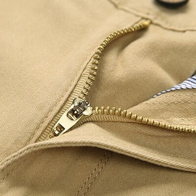 Close-up of Antonios Slim Fit Cotton Stretch Trousers showcasing zipper and fabric texture.