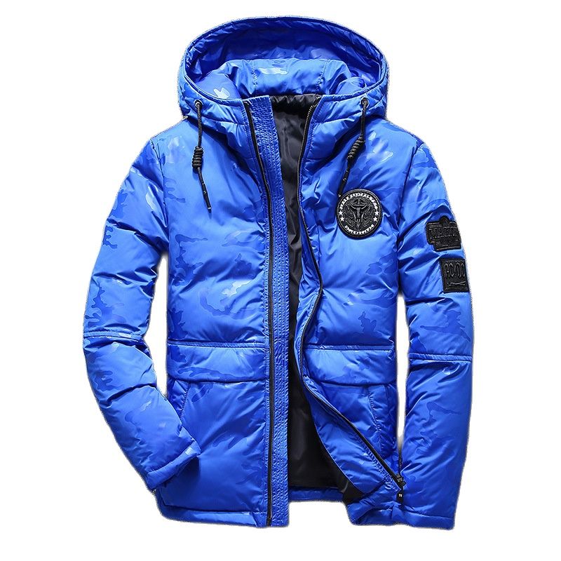 Blue winter jacket with camouflage pattern design from Antonios; made of cotton and polyester for comfort and warmth.
